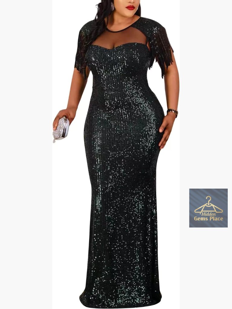 Sequin Tassel Mesh Bodycon Maxi Dress For Formal Party Club Evening